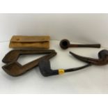 3x Pipes, Tobacco Pouch and Pipe Holder