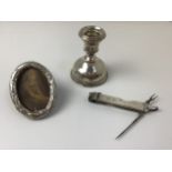 Small Silver Photo Frame Birmingham 1900, Candlestick Birmingham 1918 and Cigar Cutter Birmingham