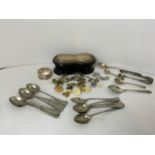 Silver Topped Box and Contents- Studs, Silver Napkin Ring and Various Spoons