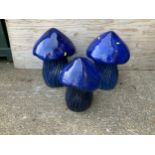 3x Glazed Blue Garden Toad Stools - Largest 48cm H