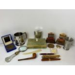Silver Plated Tankard, Onyx Box, Pens, Rolls Royce Trophies and Magnifying Glass etc