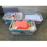 3x Plastic Storage Boxes of Sewing Fabric