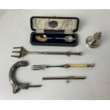 Pickle Fork, Muffin Toasting Fork and Silver Gilt Spoon in Case etc