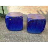 Pair of Blue Glazed Garden Cubes - 37cm