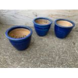 3x Blue Glazed Planters - 20cm H