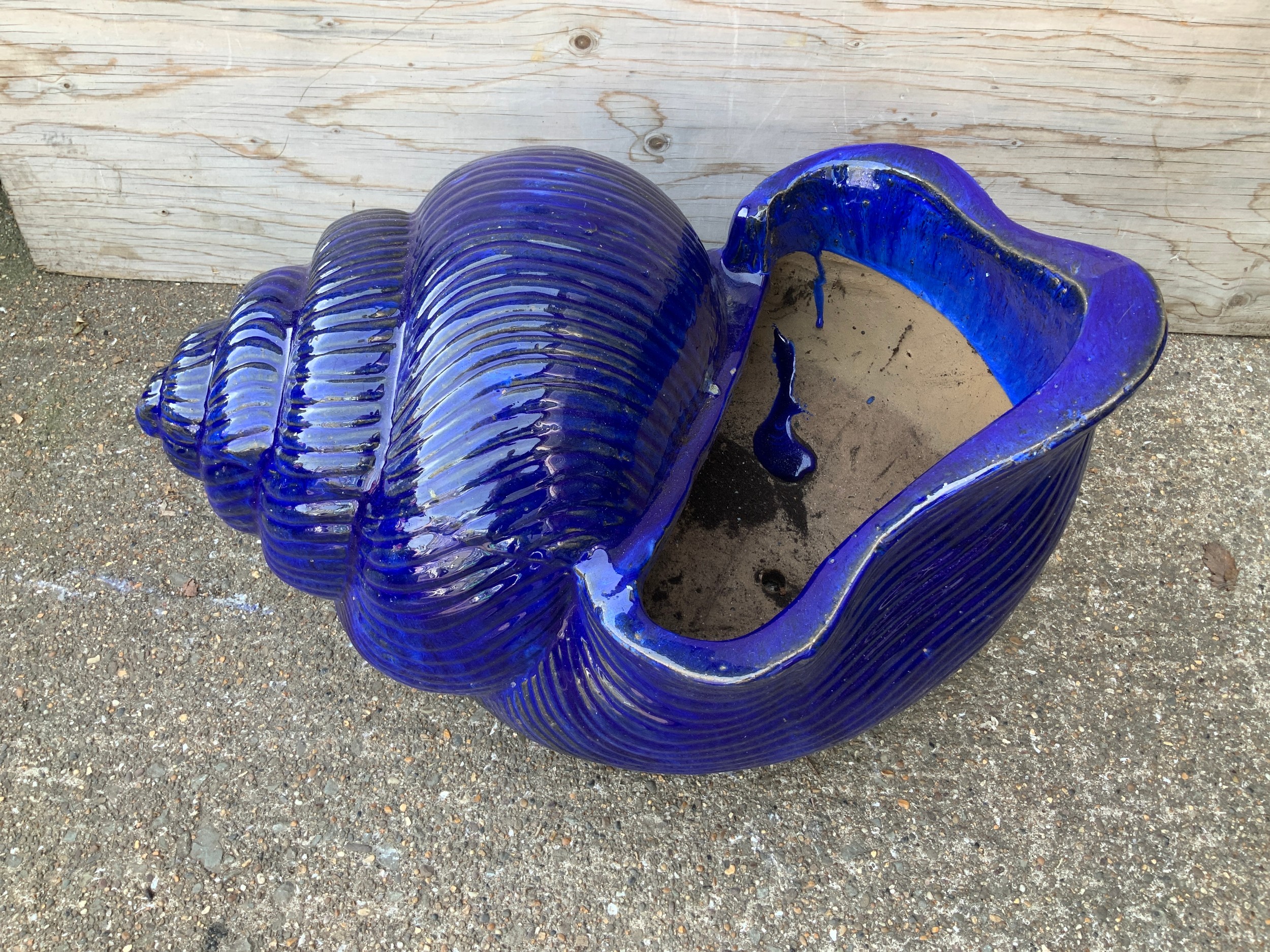 Large Blue Glazed Shell Planter - 65cm Across