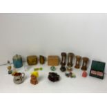 Miniature Brass Coal Scuttle, Log Bin, Egg Timers and Miniature Set of Playing Cards in Leather