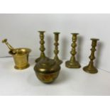 Brass Pestle and Mortar, Candlesticks and Lipton's Tea Caddy