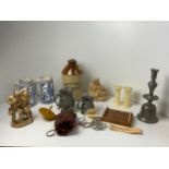 Stoneware Flagon, Pewter Tankards, Candlesticks, Puzzle, Game and Spinning Top etc