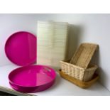 Large Quantity of Plastic Storage Trays, Wooden Baskets and 2x Pink Trays