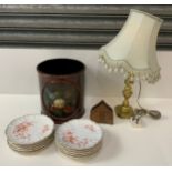 Brass Table Lamp, Waste Paper Basket and Vintage Plates