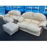 Pair of Cream Leather Sofas and Matching Footstool