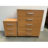Modern Five Drawer Chest of Drawers and Matching Three Drawer Bedside