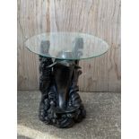 Carved Wooden Dolphin Glass Topped Circular Table - 50cm High x 47cm Diameter