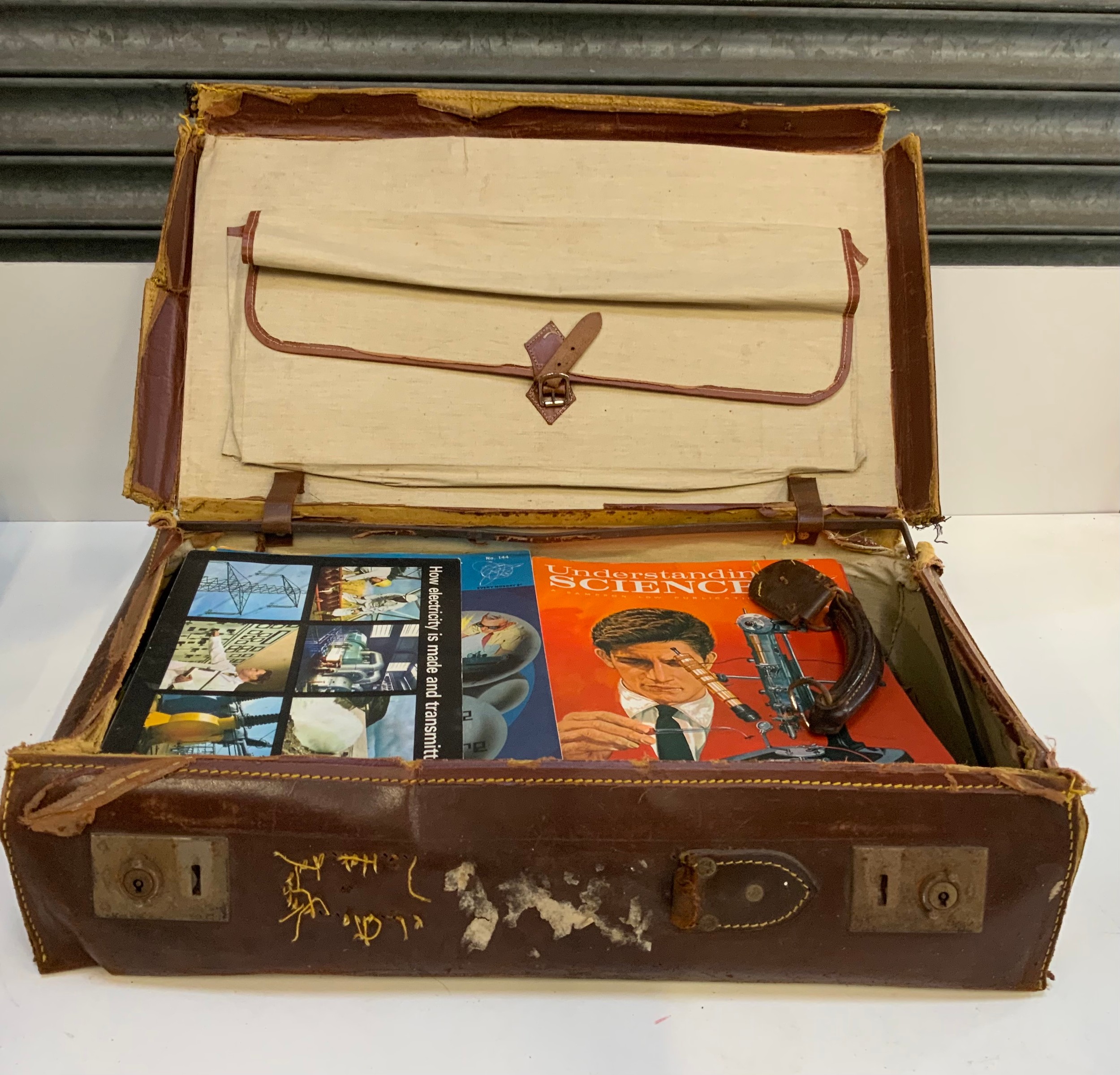 Vintage Leather Suitcase and Contents - Magazines Understanding Science