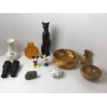 Treen Bowls, Tall Cat, Glass Vase, Mickey and Minnie Figurines etc