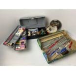 Sewing Box and Contents, Tin of Buttons and Knitting Needles