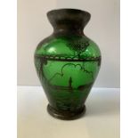 Green Glass Vase with Overlay Decoration - 11cm H