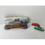 Pair of English Tin Plate Toy Cars and Boxed Beauty Toys Tin Plate Wonder Train with Key
