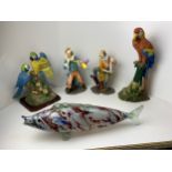 2x Clown Ornaments, 2x Parrot Ornaments and Glass Fish