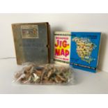 2x Wooden Jigsaw Puzzles with Shaped Pieces - North America and Dogs, Chad Valley GWR Wooden