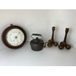 Oak Barometer, Treen Candlesticks and Copper Kettle