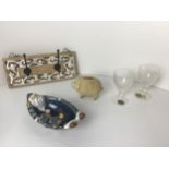 Ceramic Fisherman Boat, Pig Money Box, Pair of Bohemia Crystal Wine Glasses and Wood Panel Coat