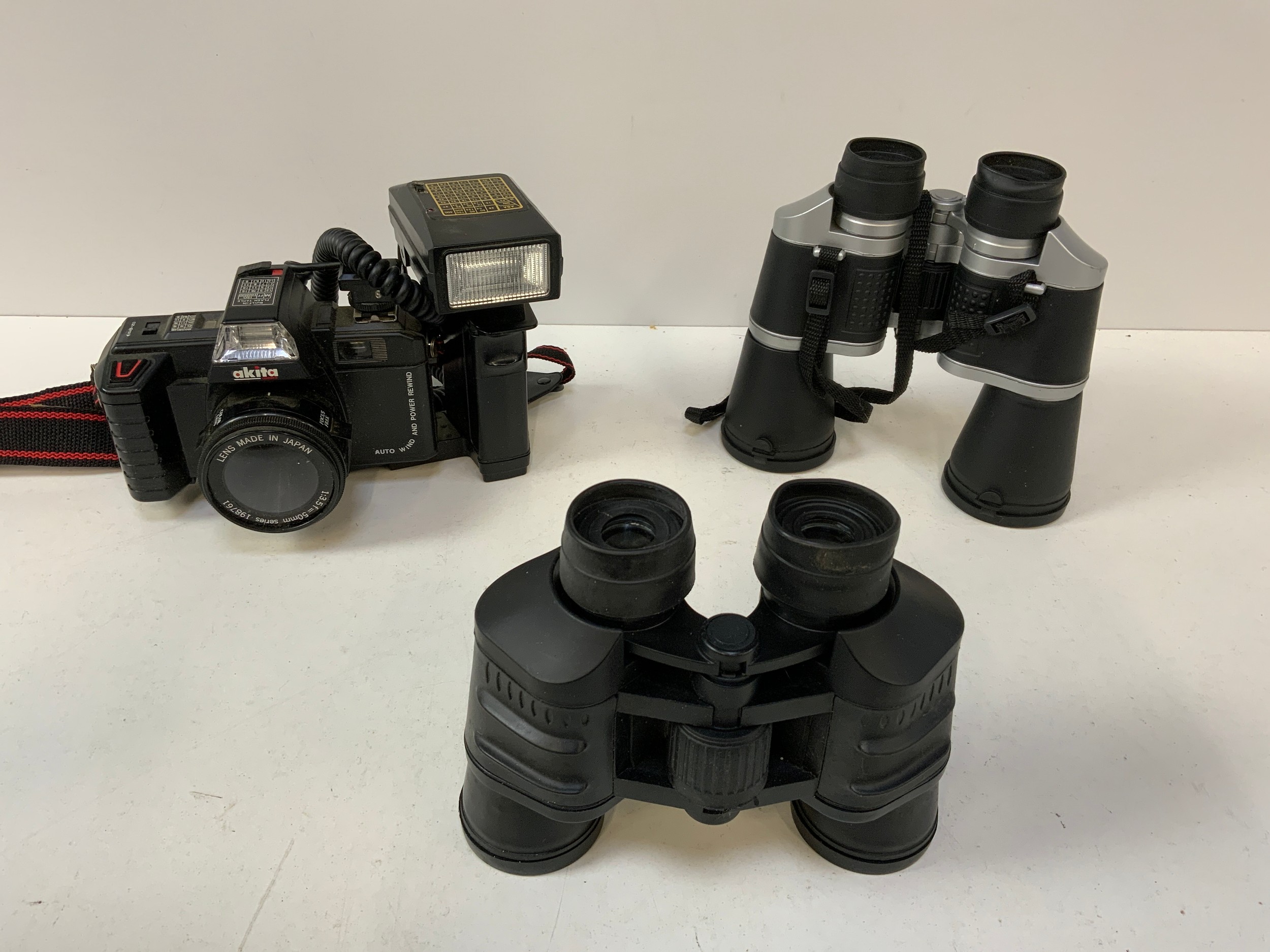 Akita Camera with Flash Gun and 2x Pairs of Binoculars