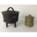 Small Three Legged Cast Iron Lidded Pot and Brass Pot