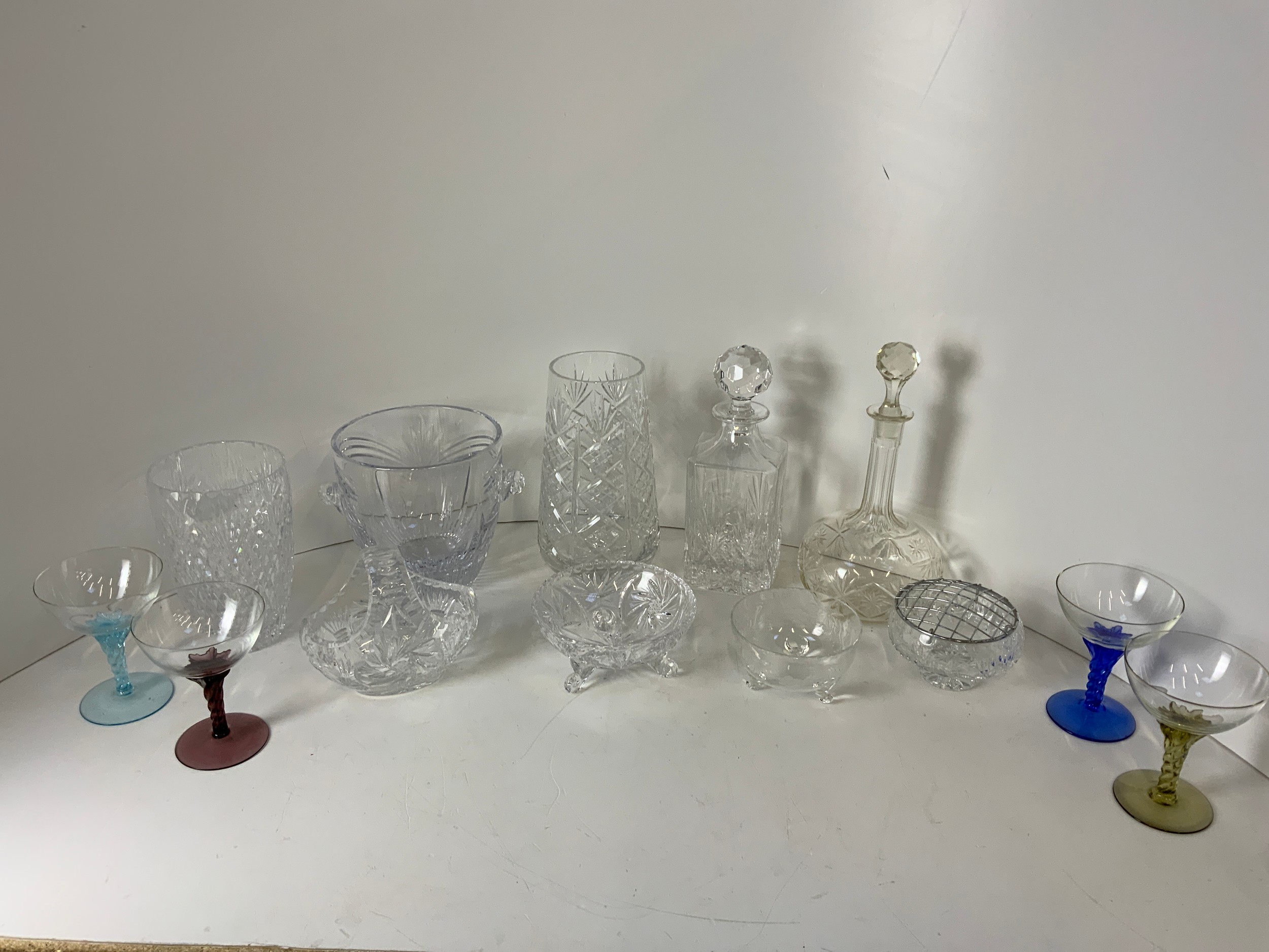 Edinburgh Crystal Decanter, Cut Glass Dishes Vases etc, 1950s Coloured Stem Wine Glasses