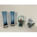 Pair of Blue Glass Vases, Glass Handbag and Glass Duck