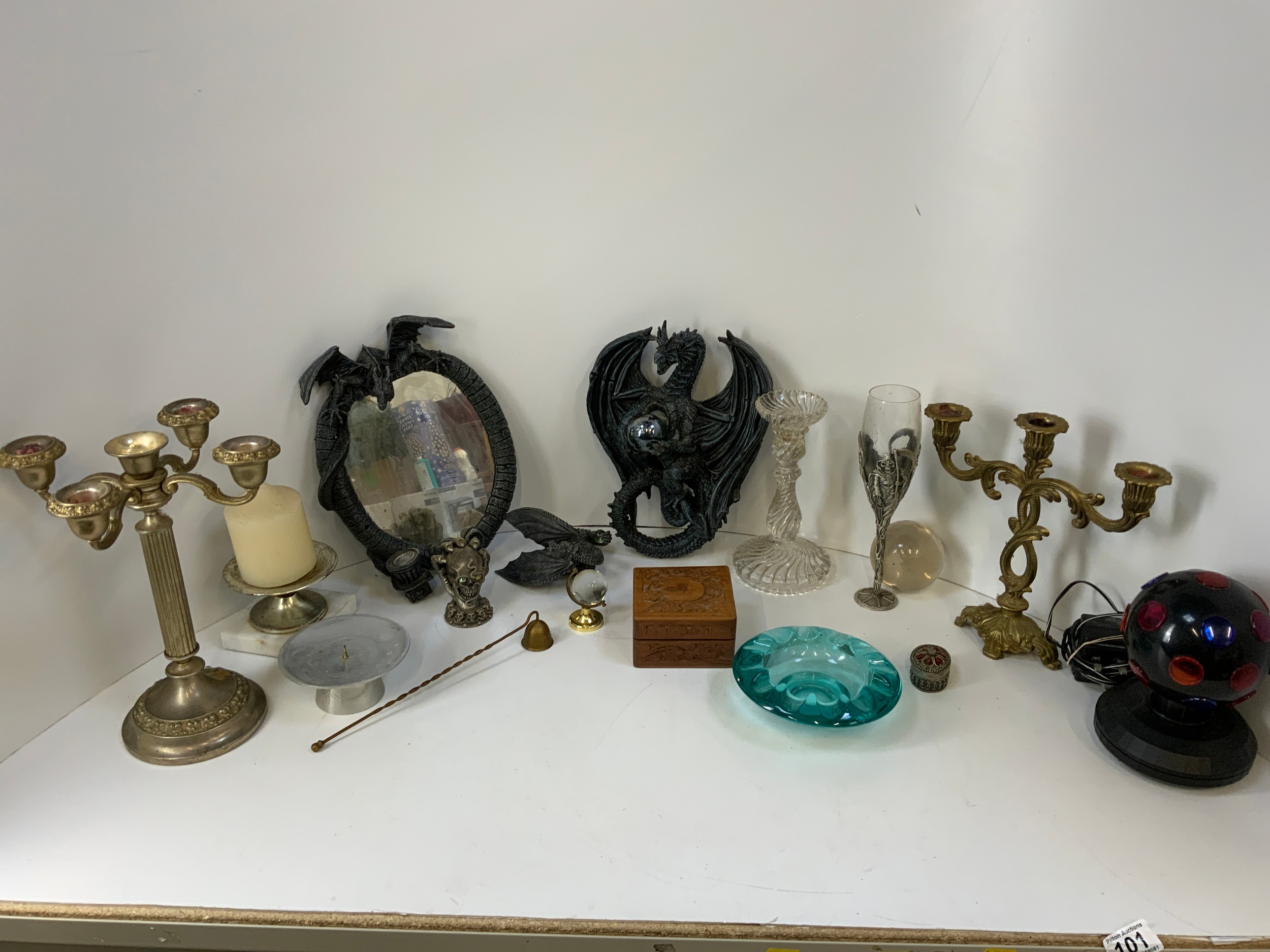 Dragon Mirror, Ornaments etc, Candlesticks, Turquoise Glass Ashtray etc