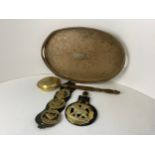 Plated Galleried Tray and Horse Brasses etc