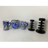 Continental Pottery Mugs and Jug and Pair of Robert Welch 1960s Cast Iron Candlesticks