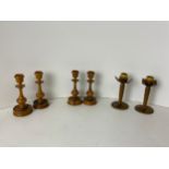 3x Pairs of Candlesticks - 15cm High - 2x Olive Wood and 1x Bakelite