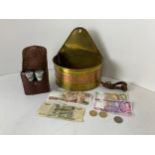 Brass Wall Pocket and Contents - Foreign Currency etc