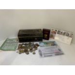 Metal Deed Box and Contents - Coins and Share Certificate etc