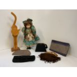 Wooden Stylised Cat, Collector's Doll and Evening Bags