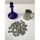 Decanter, Pewter Tankard and Coins