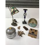 Tiffany Style Lamp, Ice Bucket, Duck Coat Hooks, Hip Flask and Door Wedge etc