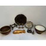 Carved Wooden Plate, Pair of Brass Candlesticks and Silver Plated Dish etc