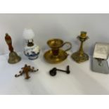 Heavy Brass Candle Holder, Decorative Brass Candlestick and Wedgwood Pendent etc