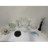 Evening Bag, Glass Dolphin Candlesticks, Cut Glass Bowl and Other Glassware