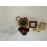 Clocks and 3x Shell Glass Bowls etc