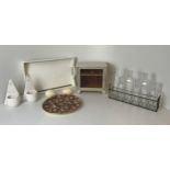 Wooden Tray, Egg Cupboard, Candle Holders, Onyx Eggs, Royal Winton Cake Plate and Bottles in Rack