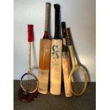 3x Cricket Bats, Tennis Racket and Squash Racket