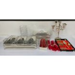 Cut Glass Vase, Plated Ware Casserole Serving Dishes and Candelabra etc