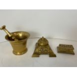 Brass Pestle and Mortar, Brass Inkwell and Small Brass Box
