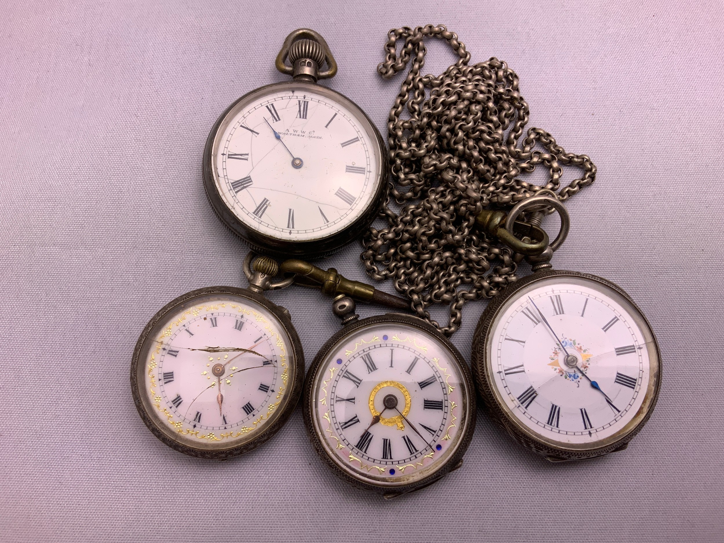 4x Silver Pocket Watches and Silver Chain