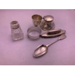 Silver Inkwell, Miniature Egg Cup, Napkin Ring, Spoon, Nail Buffer and Silver Mounted Pot